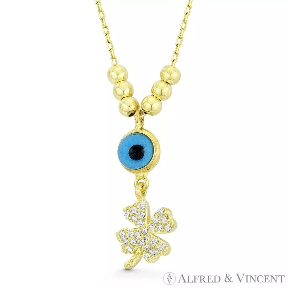 Evil Eye Bead CZ Crystal Irish Clover Charm Pendant 925 Sterling Silver Necklace
